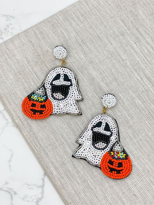 Beaded Ghost with Trick or Treat Bucket Statement Earrings