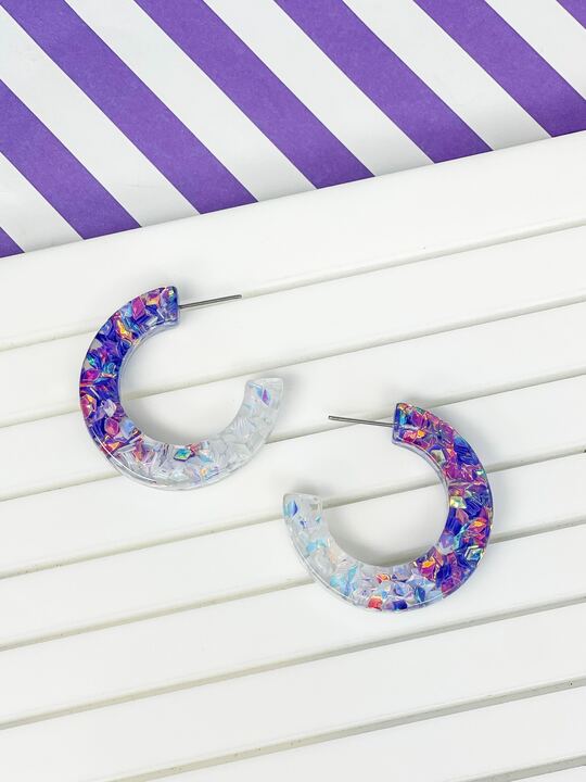 Colorful Clear Resin Hoop Earrings - Purple