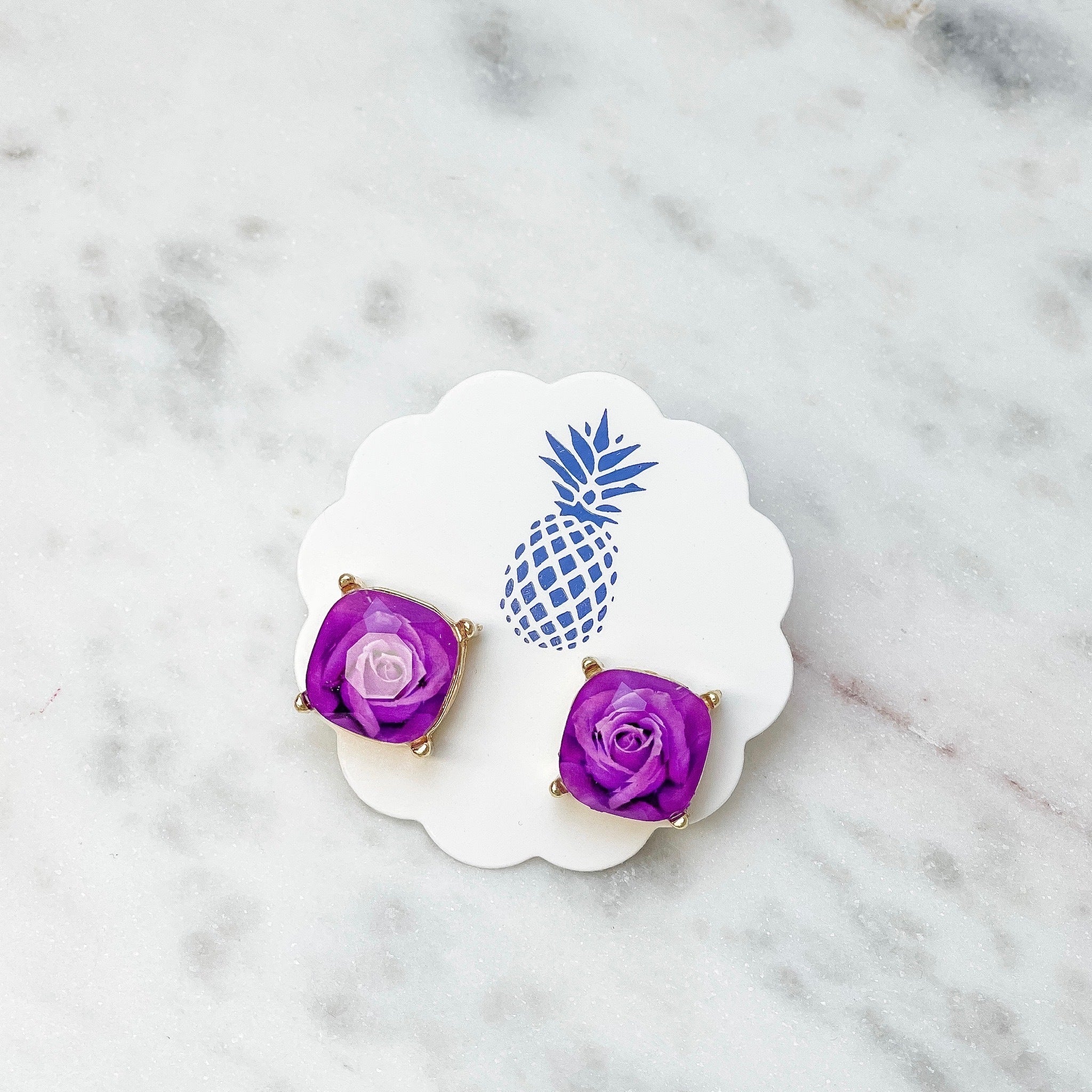 Rose Printed Stud Earrings - Purple