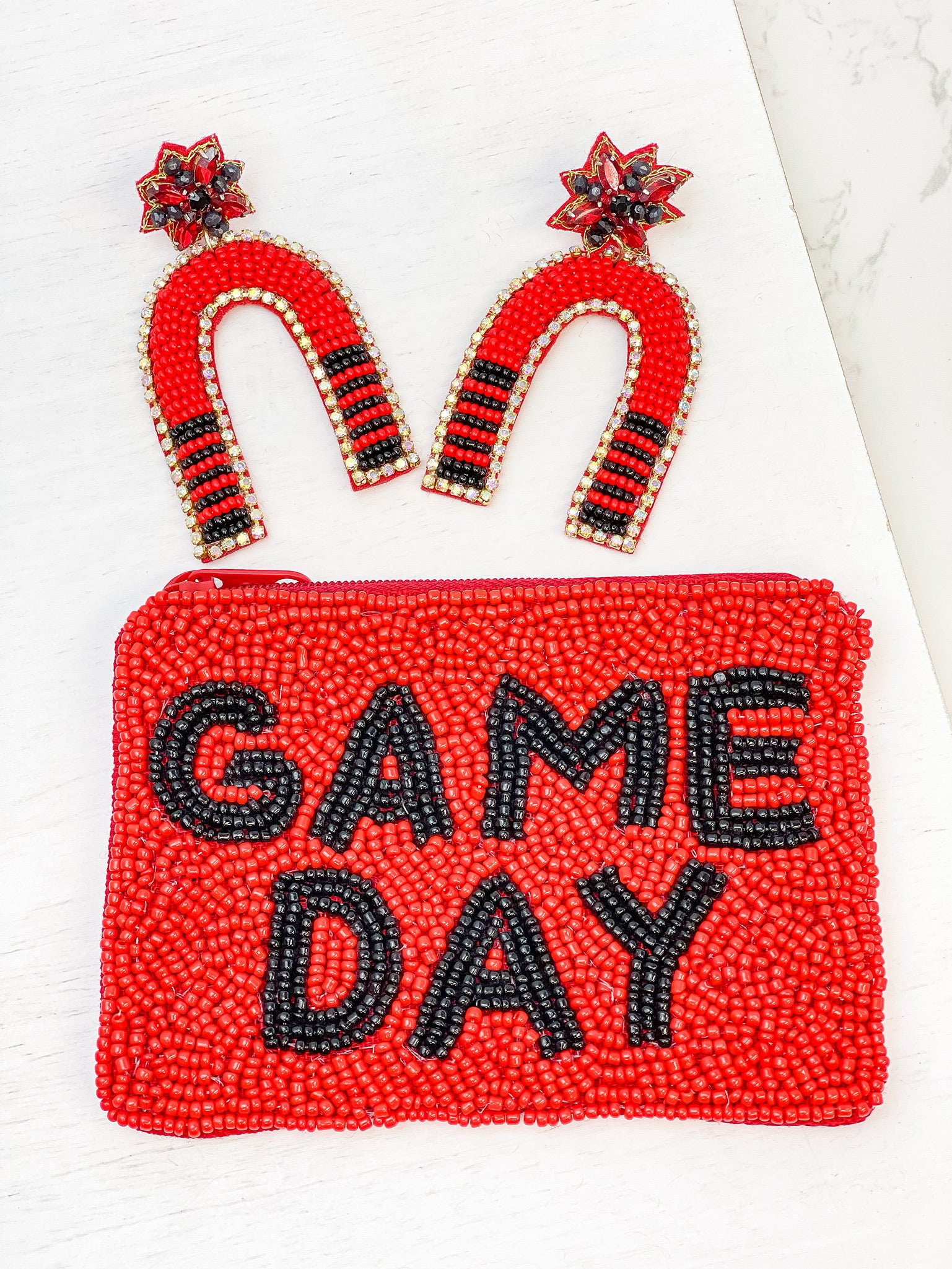 Game Day Beaded Arch Dangle Earrings - Red & Black