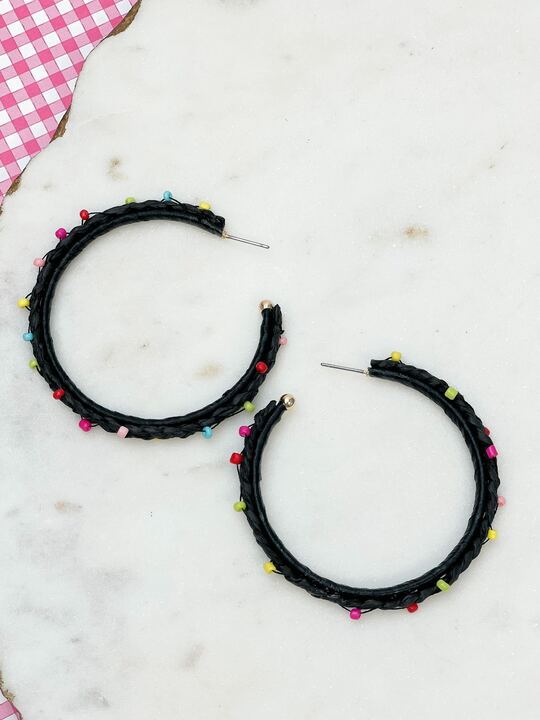 Rainbow Beaded Hoop Earrings - Black