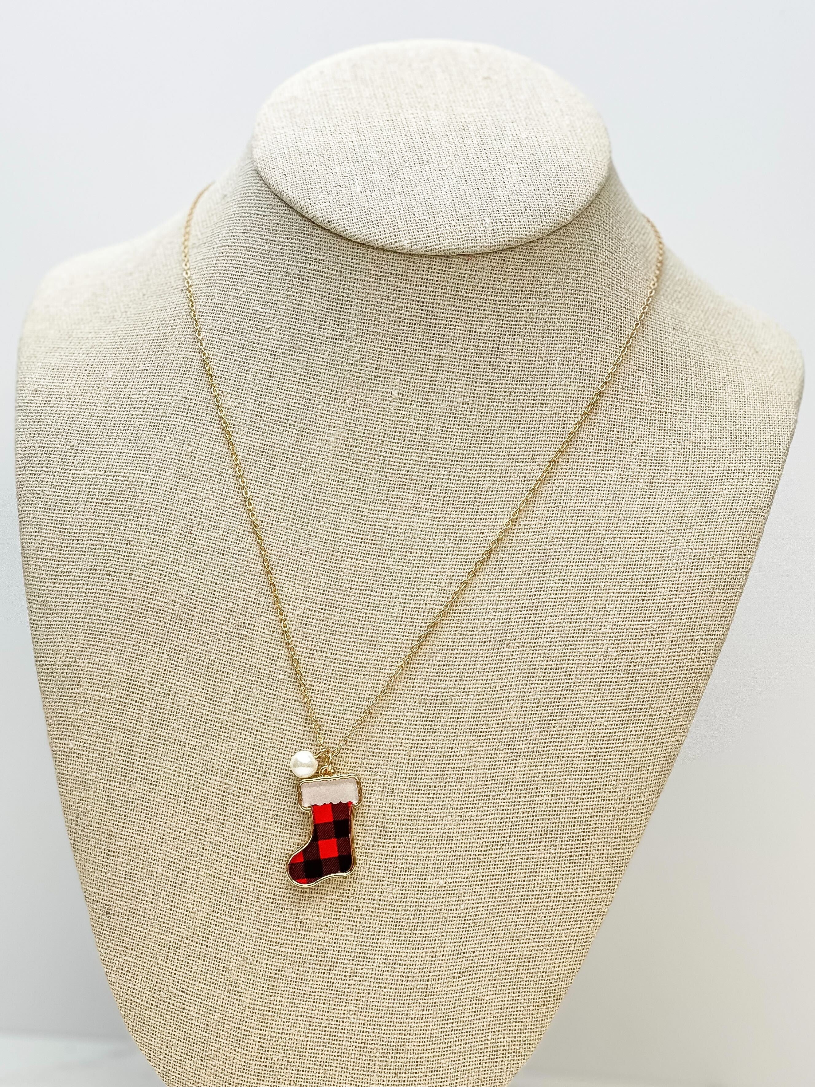 Printed Stocking Pendant Necklace - Red Buffalo Check