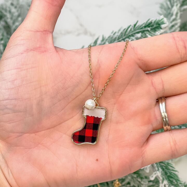 Printed Stocking Pendant Necklace - Red Buffalo Check