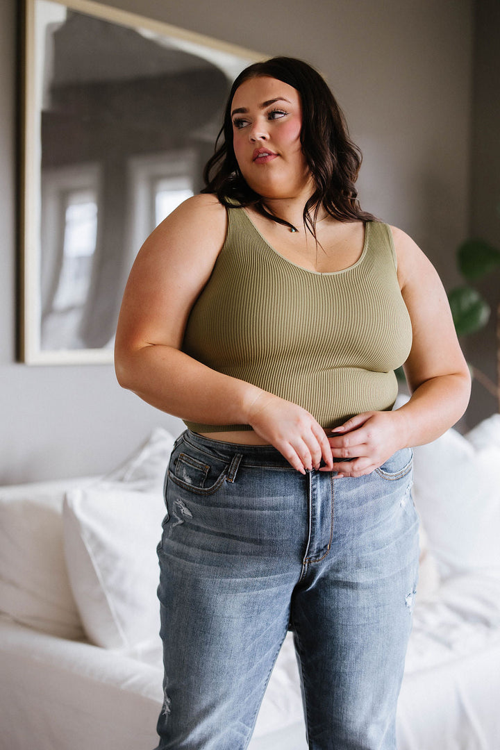 Relevant Ribbed Seamless Reversible Midi Tank in Moss