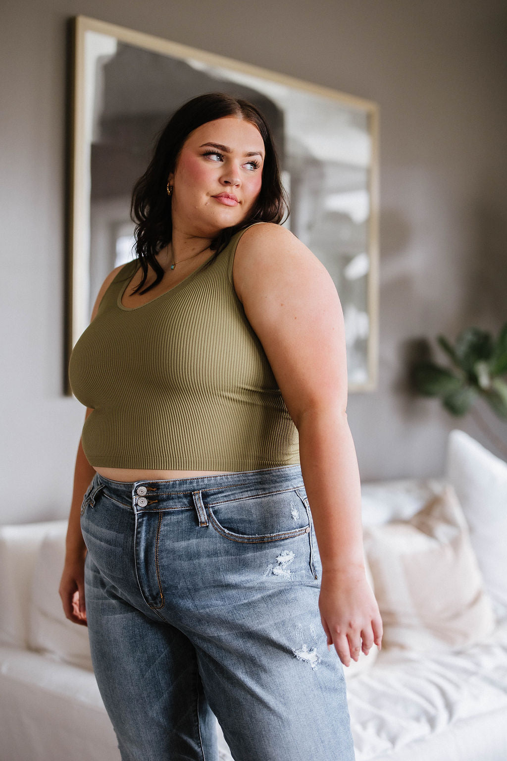 Relevant Ribbed Seamless Reversible Midi Tank in Moss