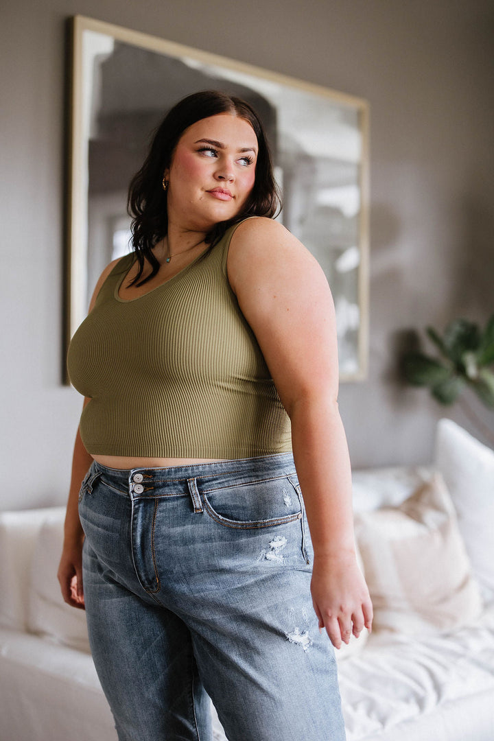 Relevant Ribbed Seamless Reversible Midi Tank in Moss