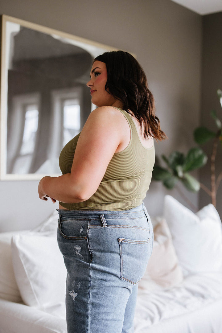 Relevant Ribbed Seamless Reversible Midi Tank in Moss