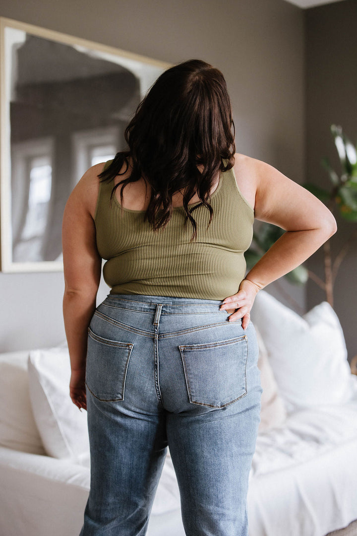 Relevant Ribbed Seamless Reversible Midi Tank in Moss