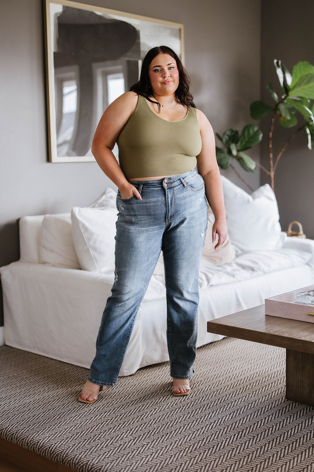 Relevant Ribbed Seamless Reversible Midi Tank in Moss