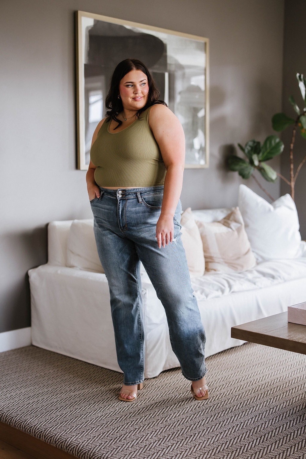 Relevant Ribbed Seamless Reversible Midi Tank in Moss