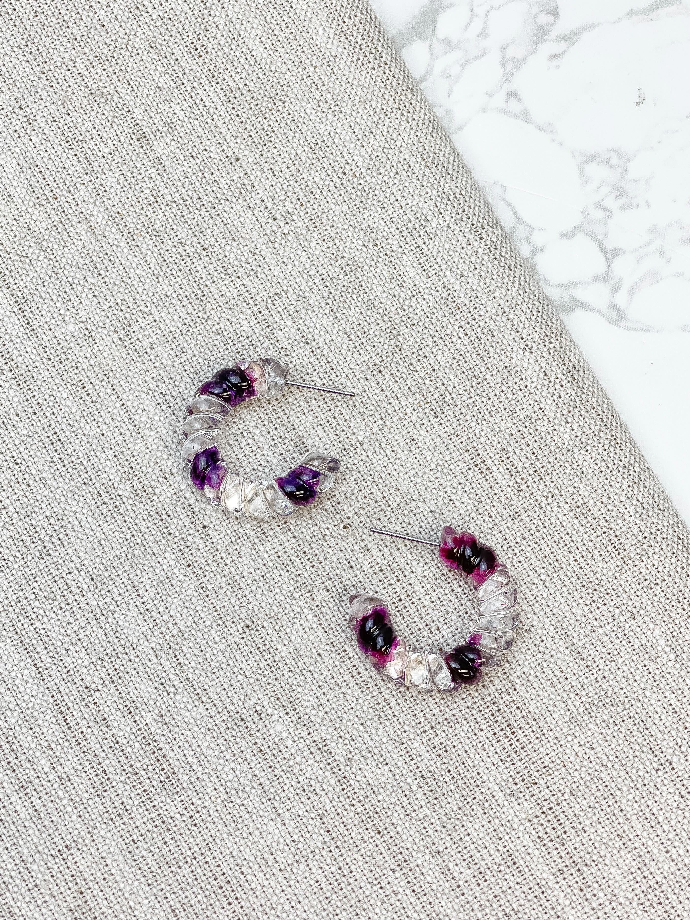 Petite Dried Flower Hoop Earrings - Purple