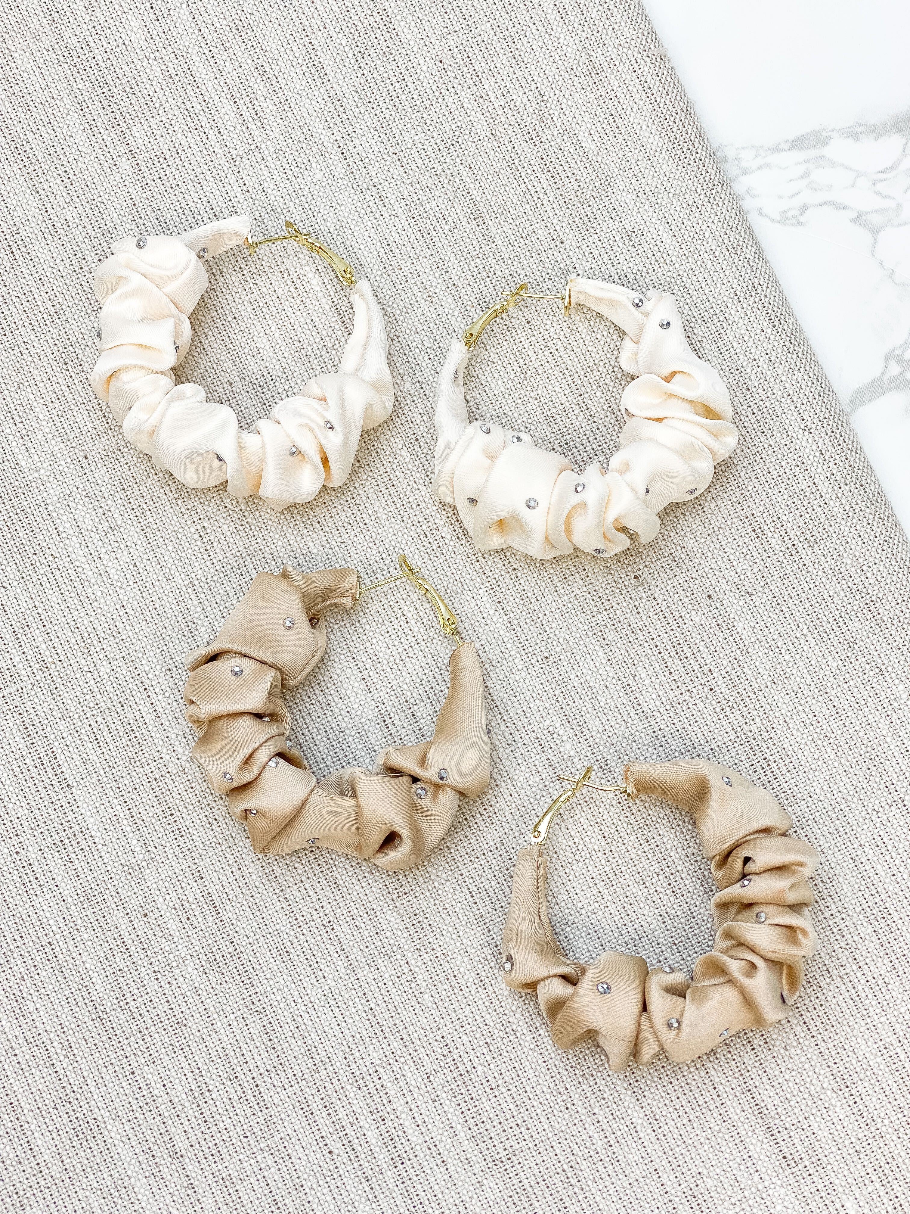 Rhinestone Scrunchie Hoop Earrings - Ivory
