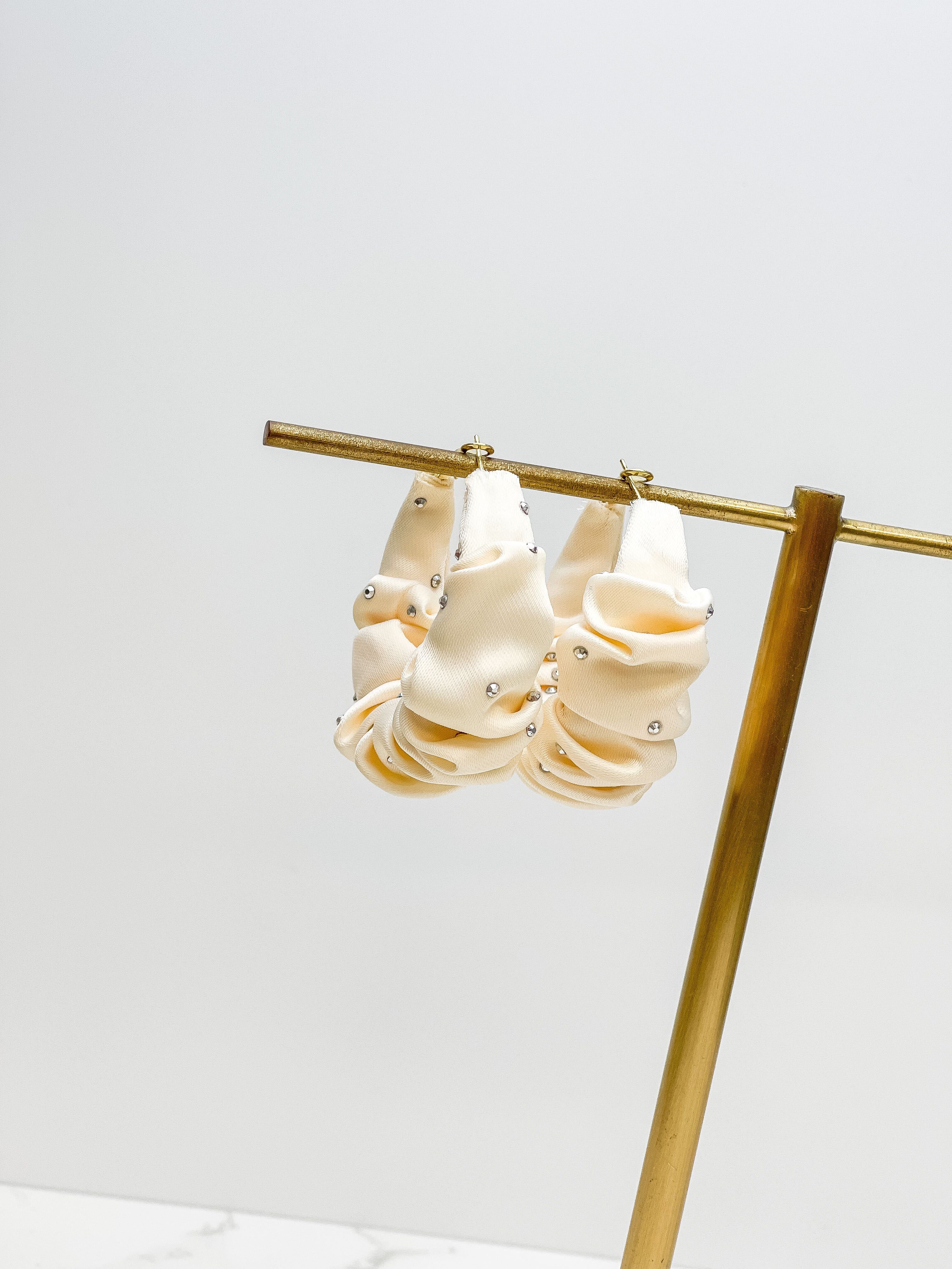 Rhinestone Scrunchie Hoop Earrings - Ivory