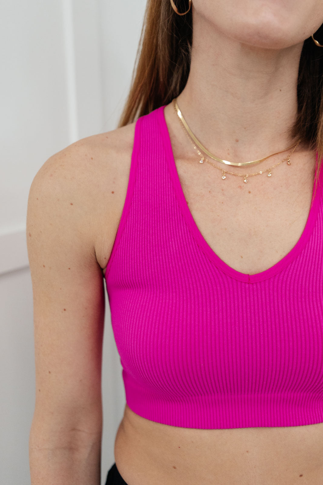 Ribbed Cropped Racerback Layering Tank Top In Neon Hot Pink