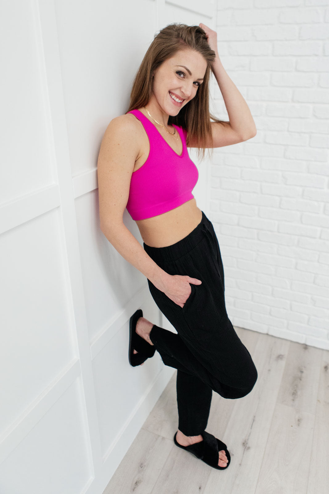 Ribbed Cropped Racerback Layering Tank Top In Neon Hot Pink