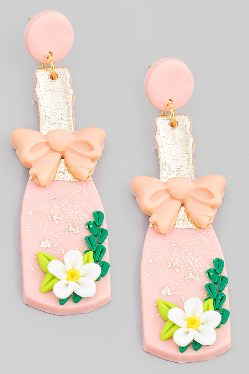 Pink Floral Champagne Clay Earrings