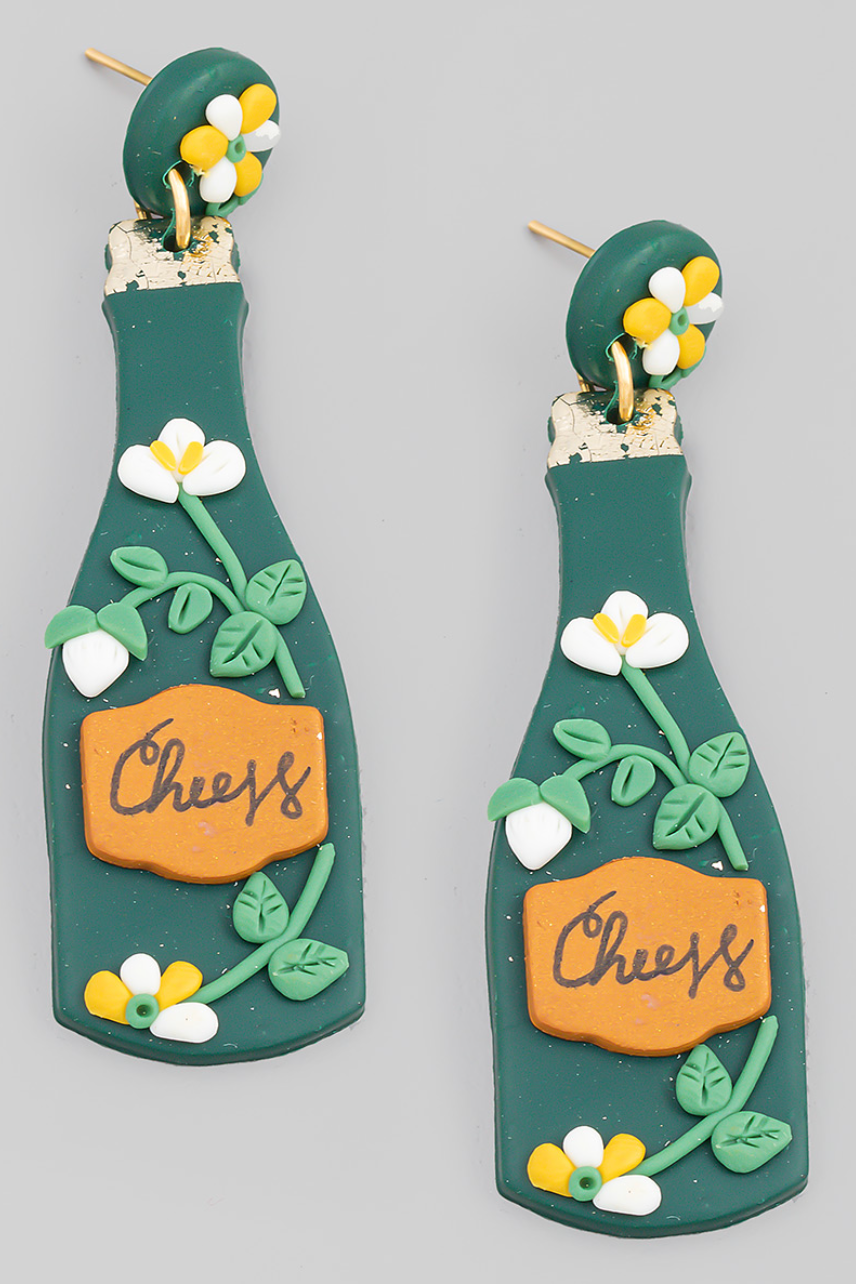 Green Flower Cheers Champagne Clay Earrings