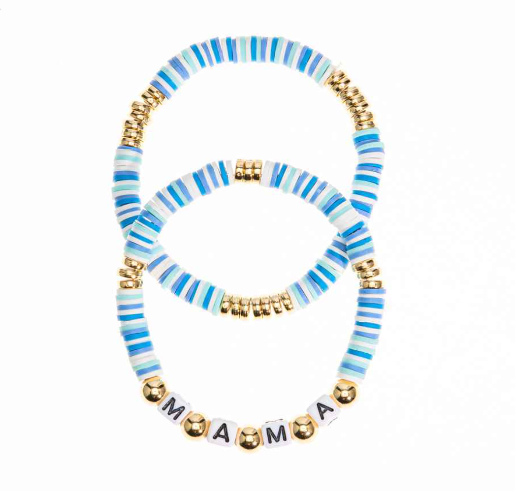 'Mama' Stretch Bracelet Set - Blue & Gold