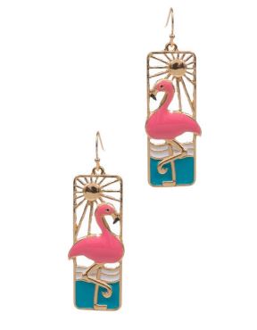 Seaside Metal & Enamel Portrait Dangle Earrings - Flamingo