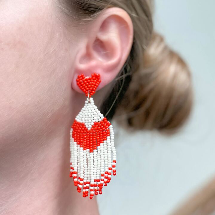 Seed Bead Tassel Heart Earrings - Red