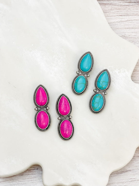 Semi Precious Stone Drop Earrings - Turquoise