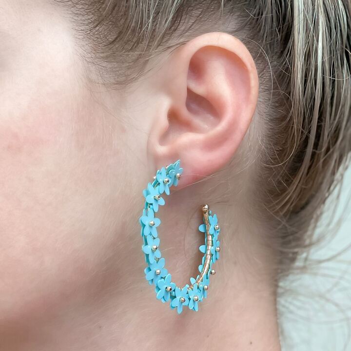 Sequin Flower Lined Hoop Earrings - Blue