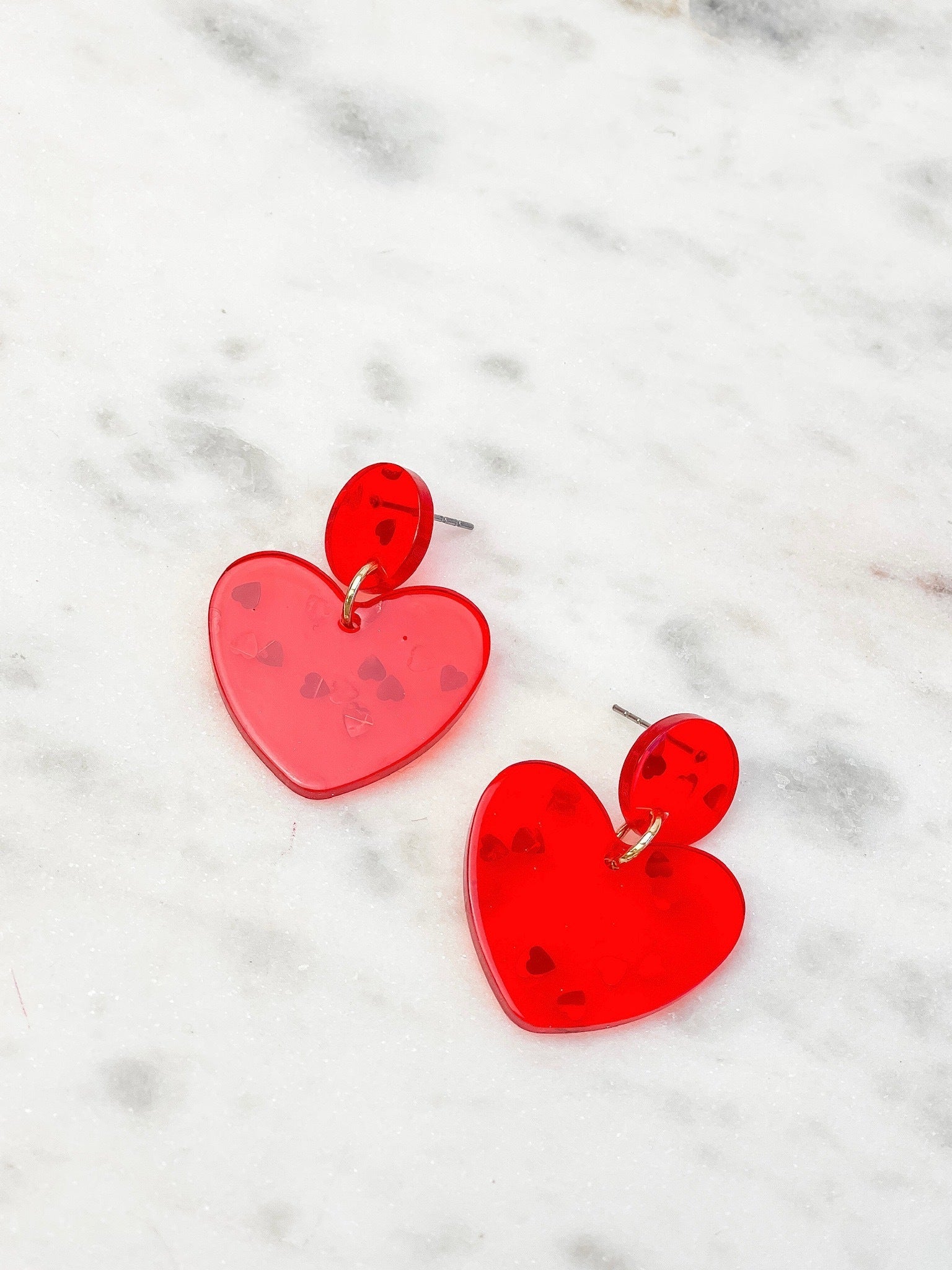 Silver Confetti Heart Dangle Earrings - Red