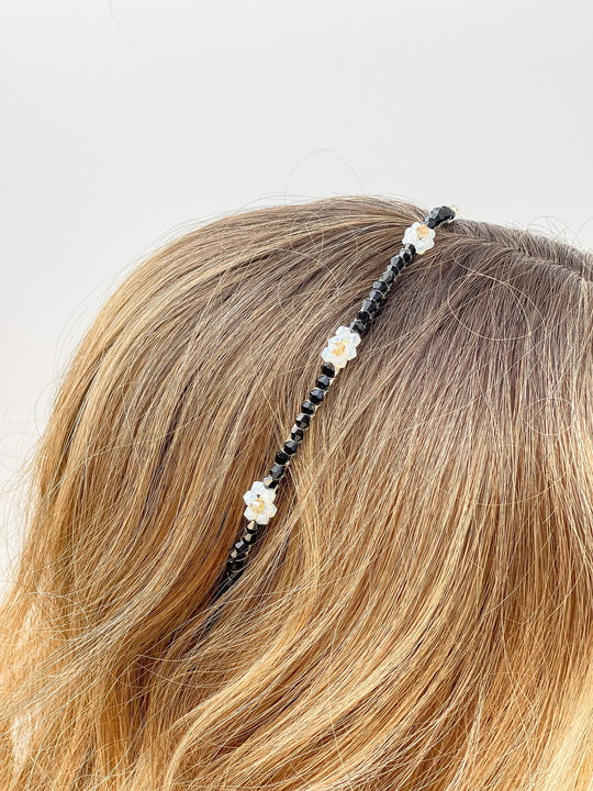 Skinny Flower Beaded Headband - Black