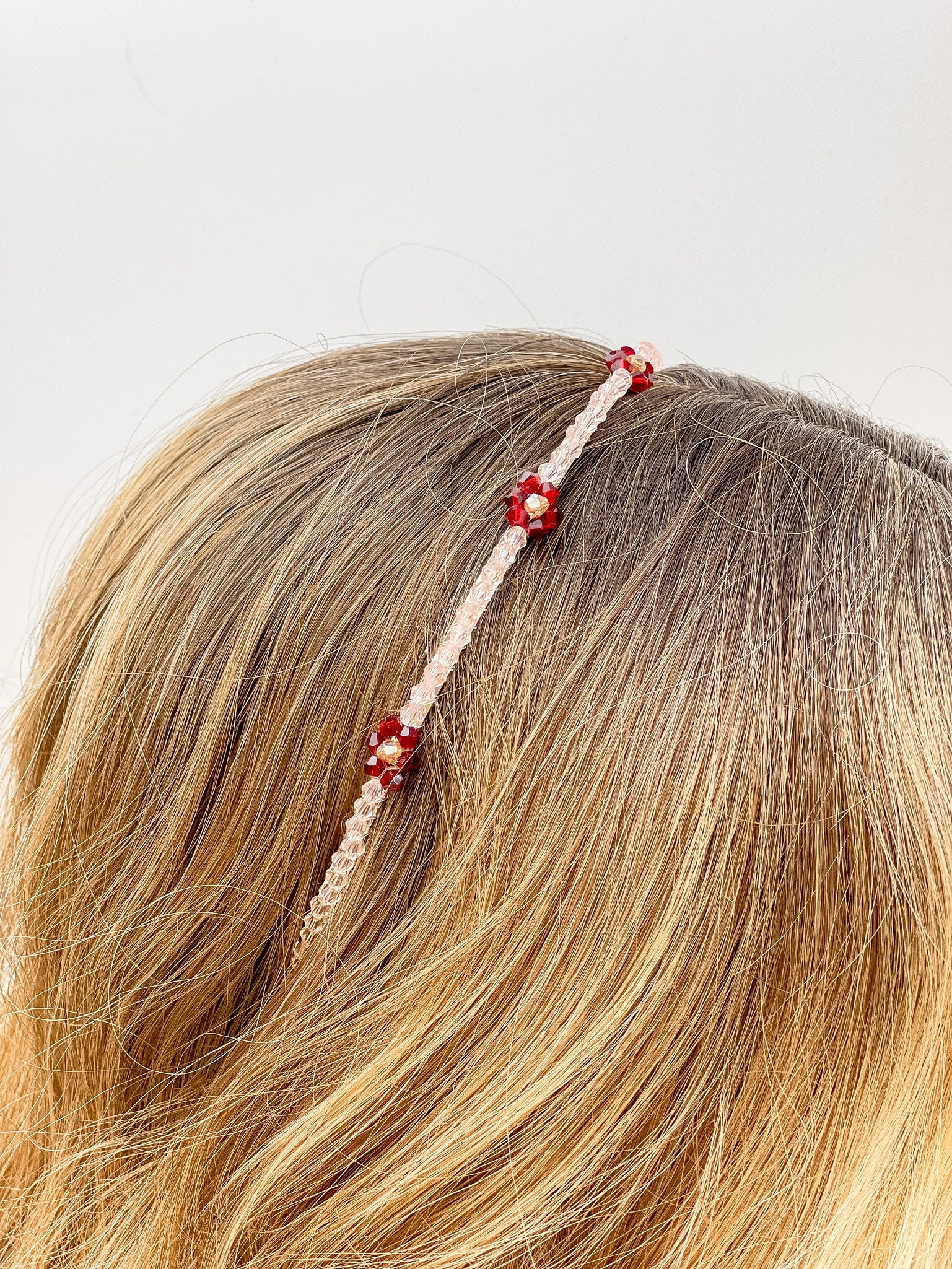 Skinny Flower Beaded Headband - Pink