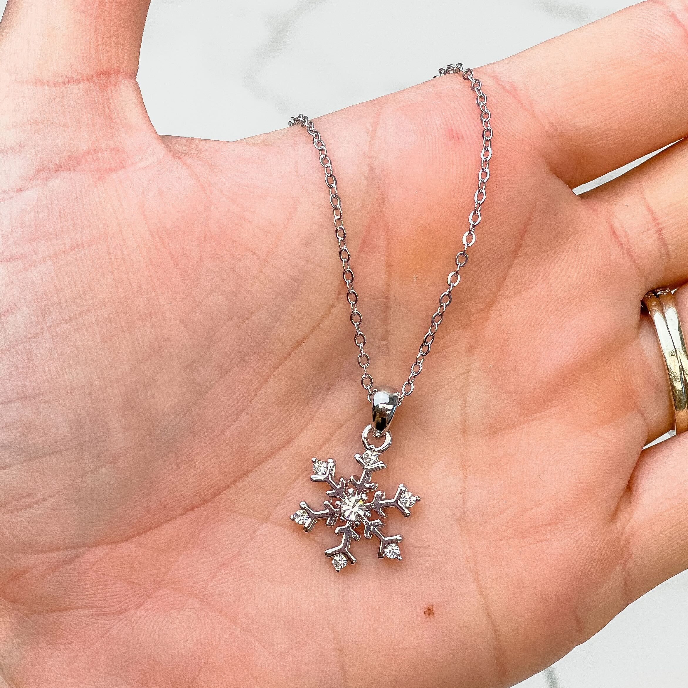 Cubic Zirconia Snowflake Pendant Necklace - White Gold