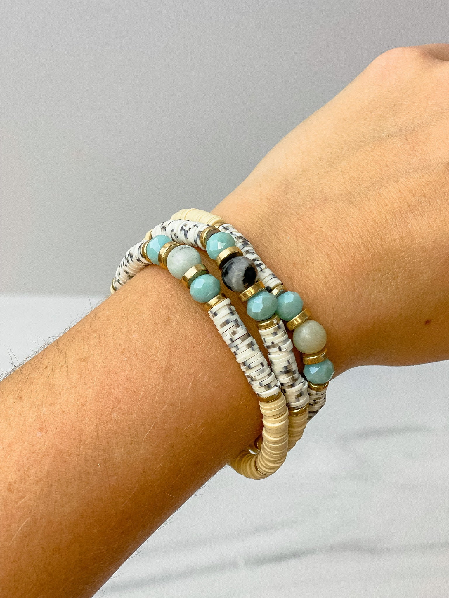 Spotted Rubber Disc Beaded Stretch Bracelet Stack - Mint