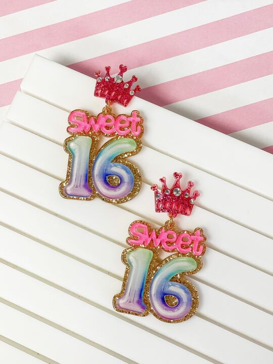 'Sweet 16' Birthday Balloon Dangle Earrings - Pink & Purple