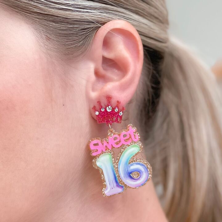 'Sweet 16' Birthday Balloon Dangle Earrings - Pink & Purple