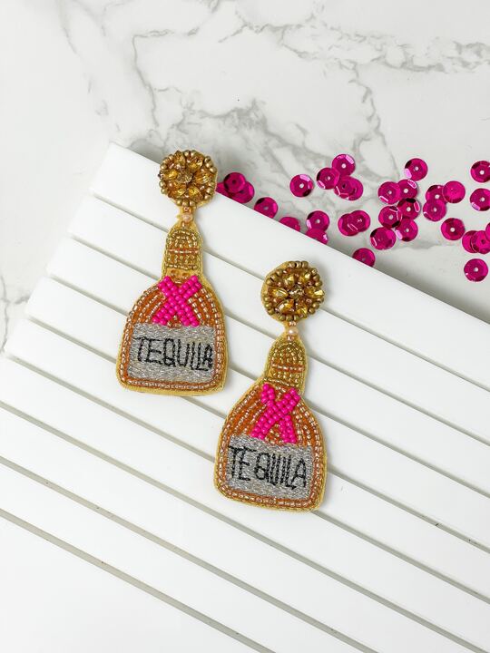 Tequila Bottle Seed Bead Dangle Earrings - Pink