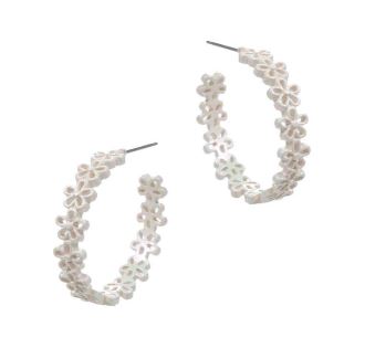 Textured Metal Flower Hoop Earrings - White