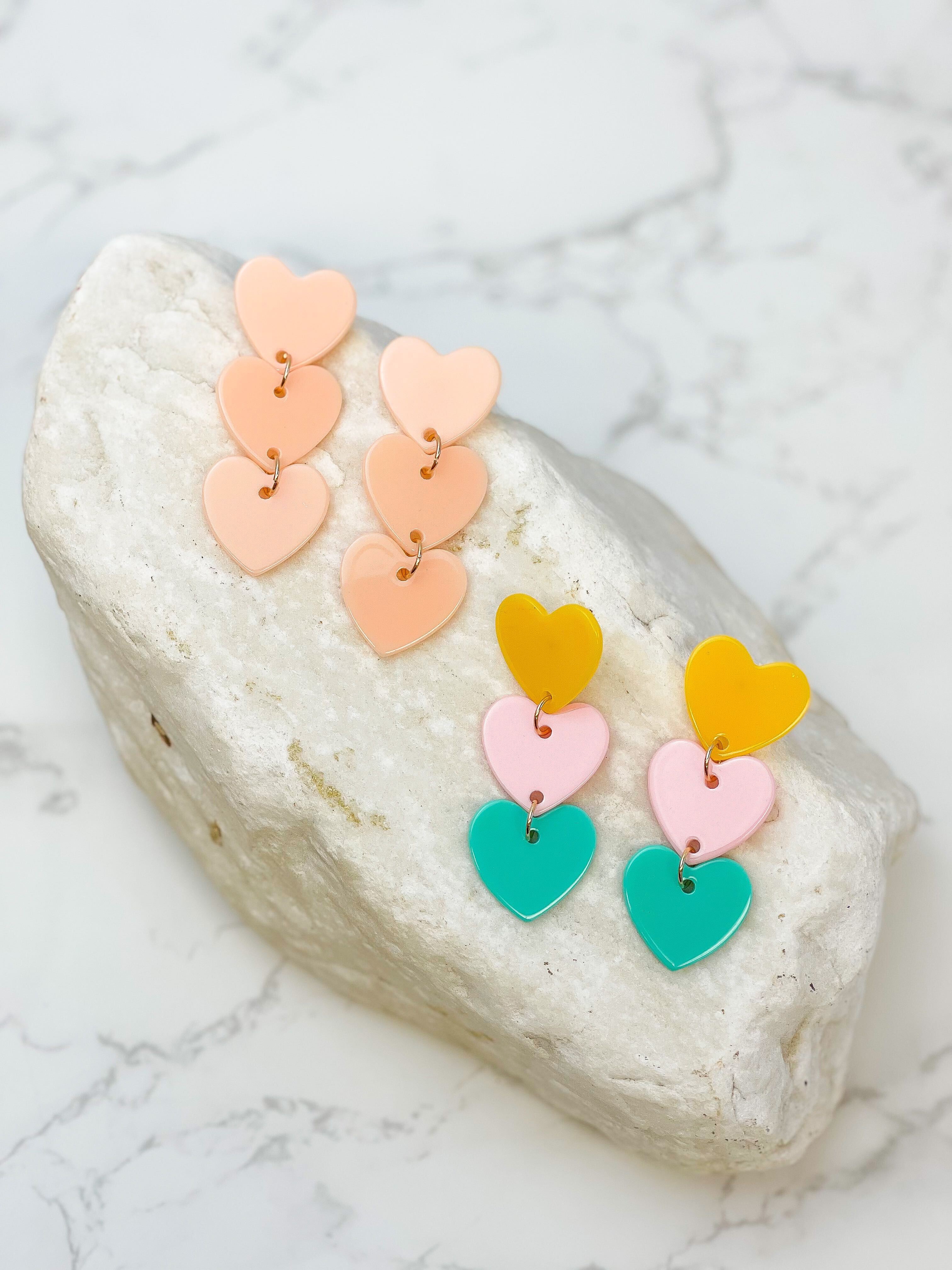 Acrylic Triple Heart Dangle Earrings - Multi