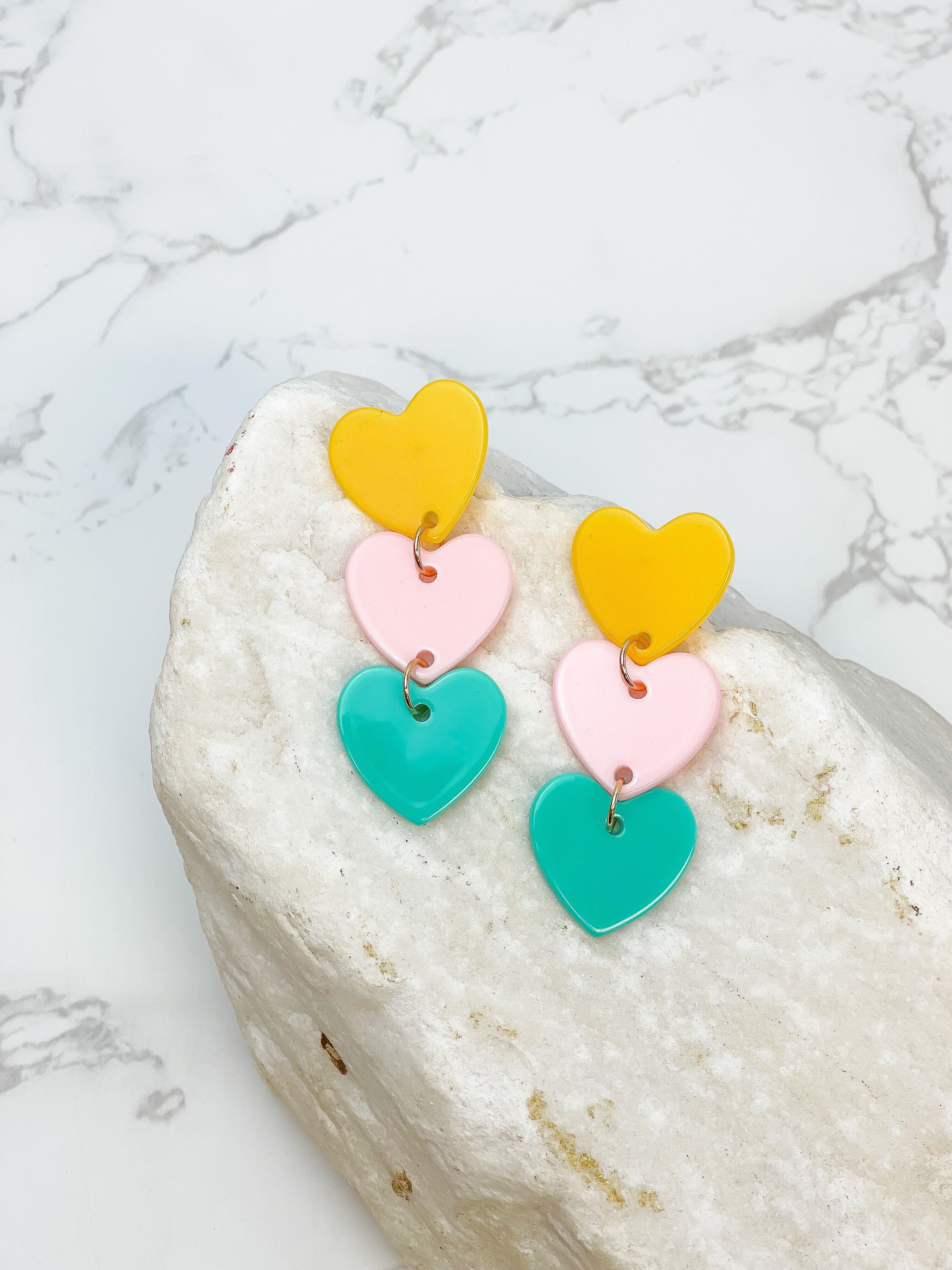 Acrylic Triple Heart Dangle Earrings - Multi