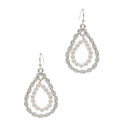 Twisted Double Teardrop Pearl Dangle Earrings - Silver
