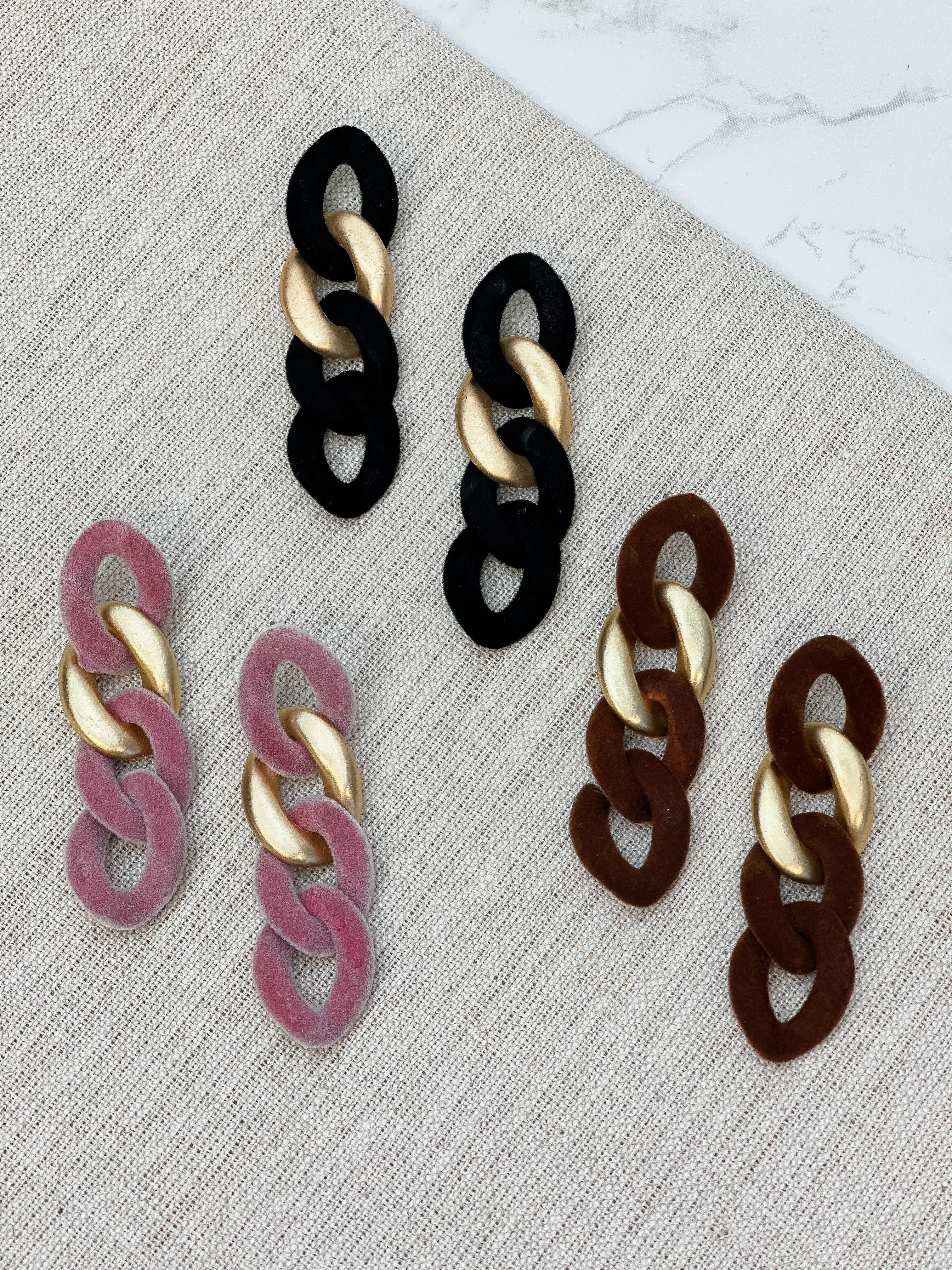 Velvet Chain Link Dangle Earrings - Brown