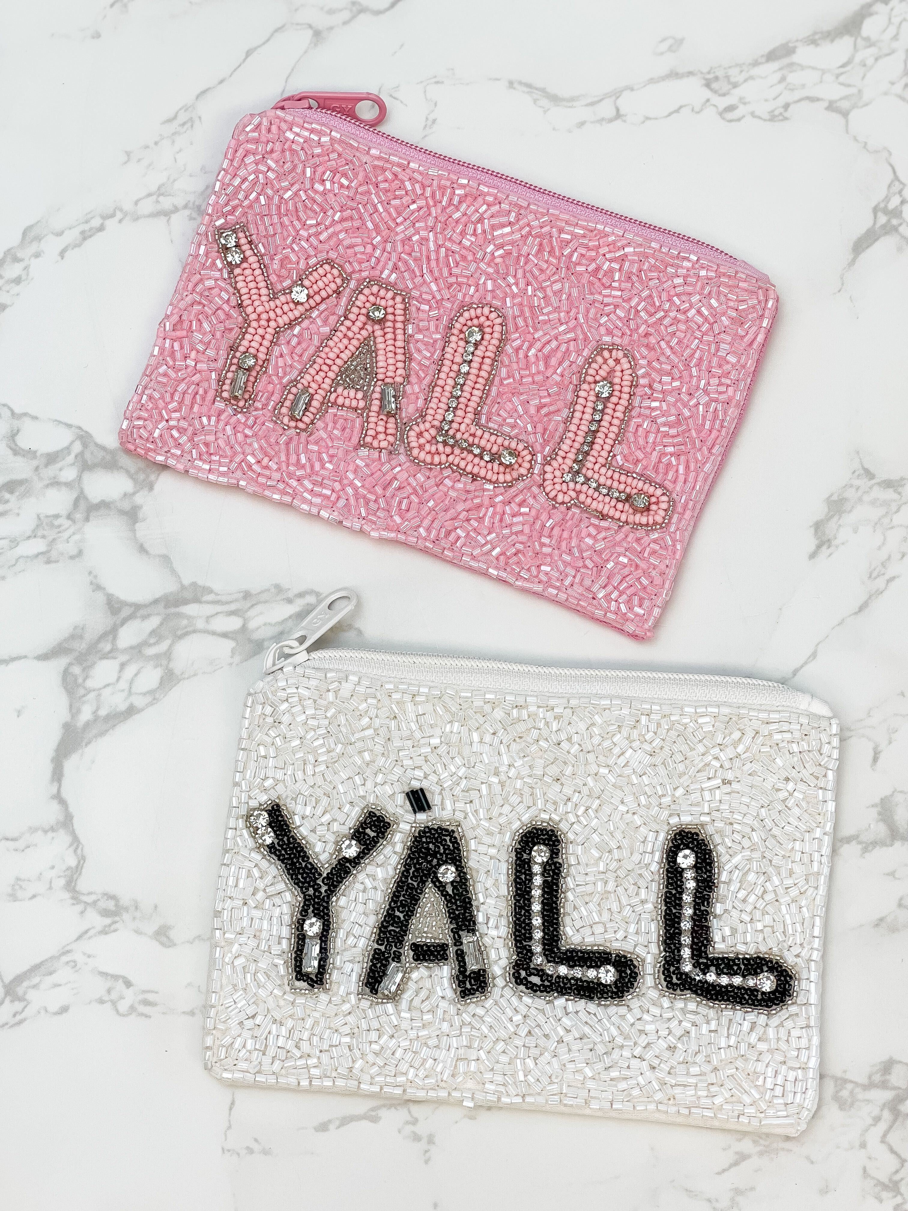 'Yall' Beaded Zip Pouch - White