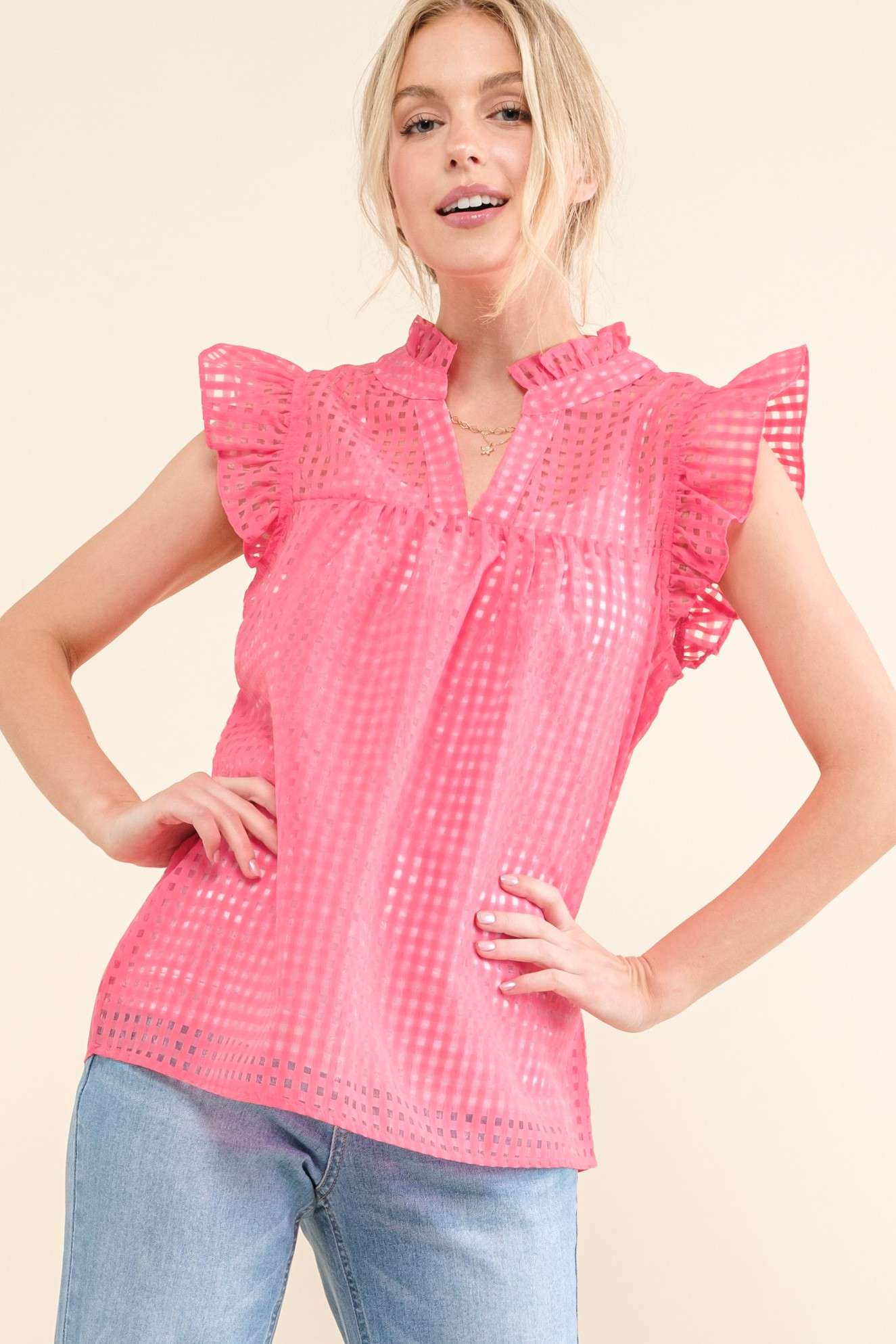 Sheer Gridded Baby Doll Ruffled Top - Pink