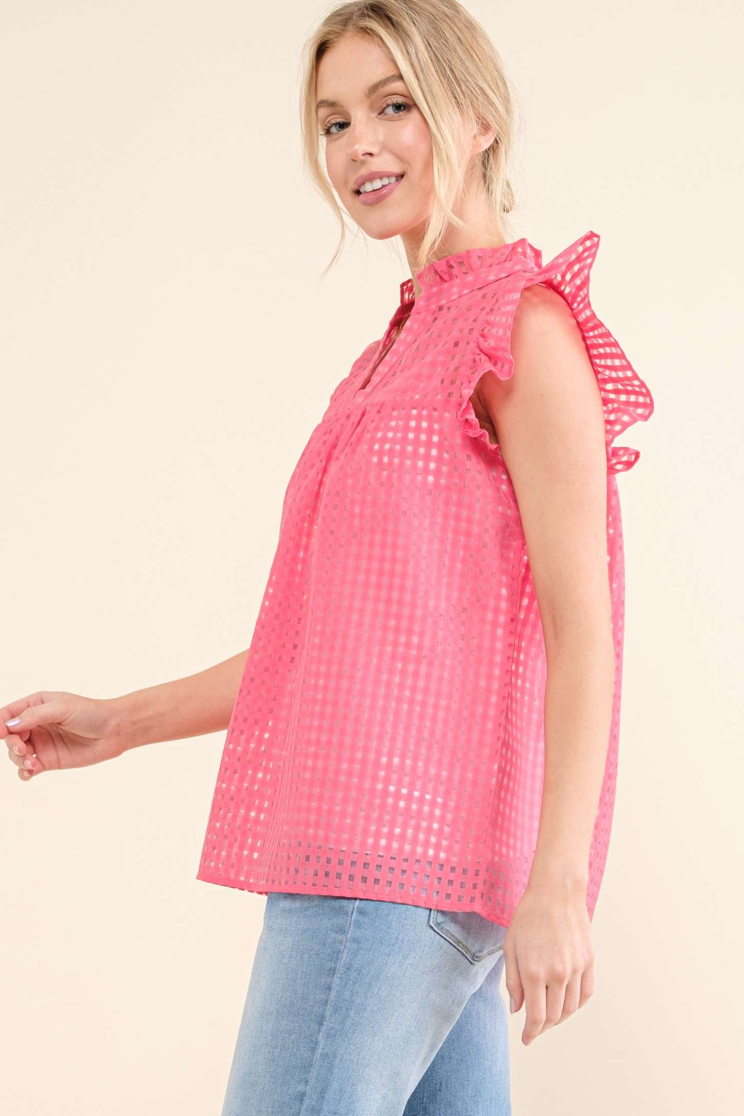 Sheer Gridded Baby Doll Ruffled Top - Pink