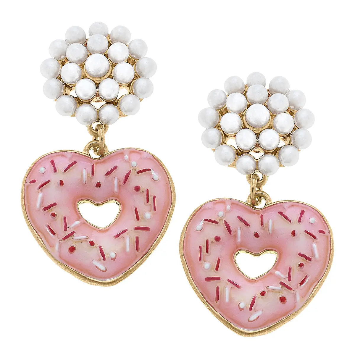 Heart Sprinkle Donut Pearl Cluster Drop Earrings