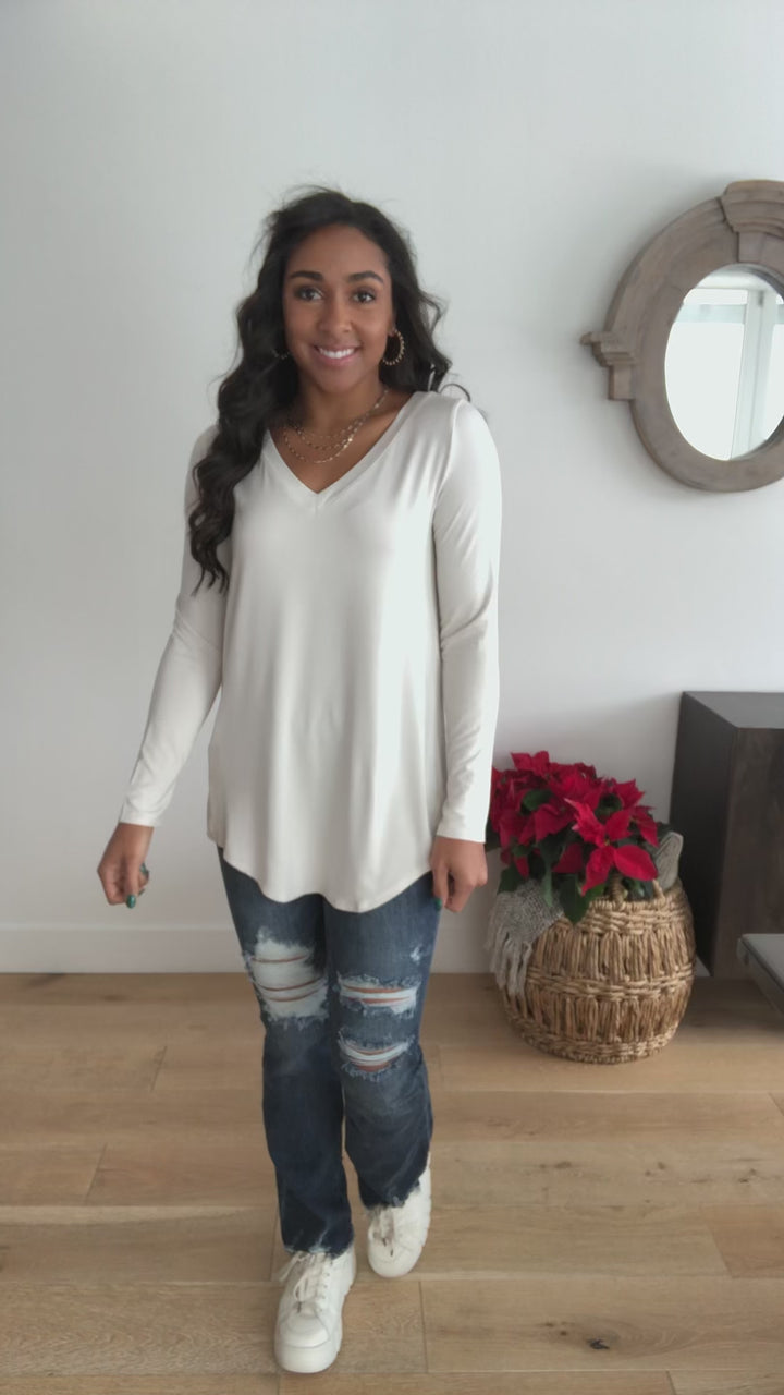 Basics Are Best Long Sleeve V-Neck Top in Bone