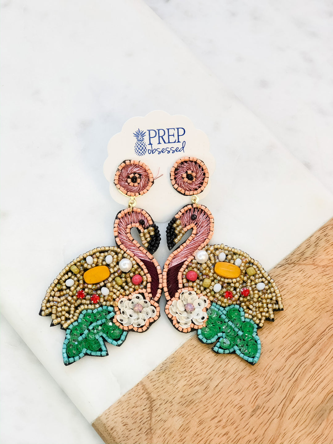 Flowers & Flamingo Beaded Dangle Earrings