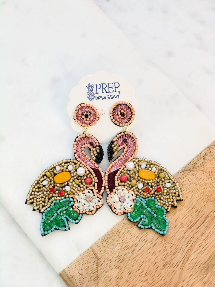 Flowers & Flamingo Beaded Dangle Earrings