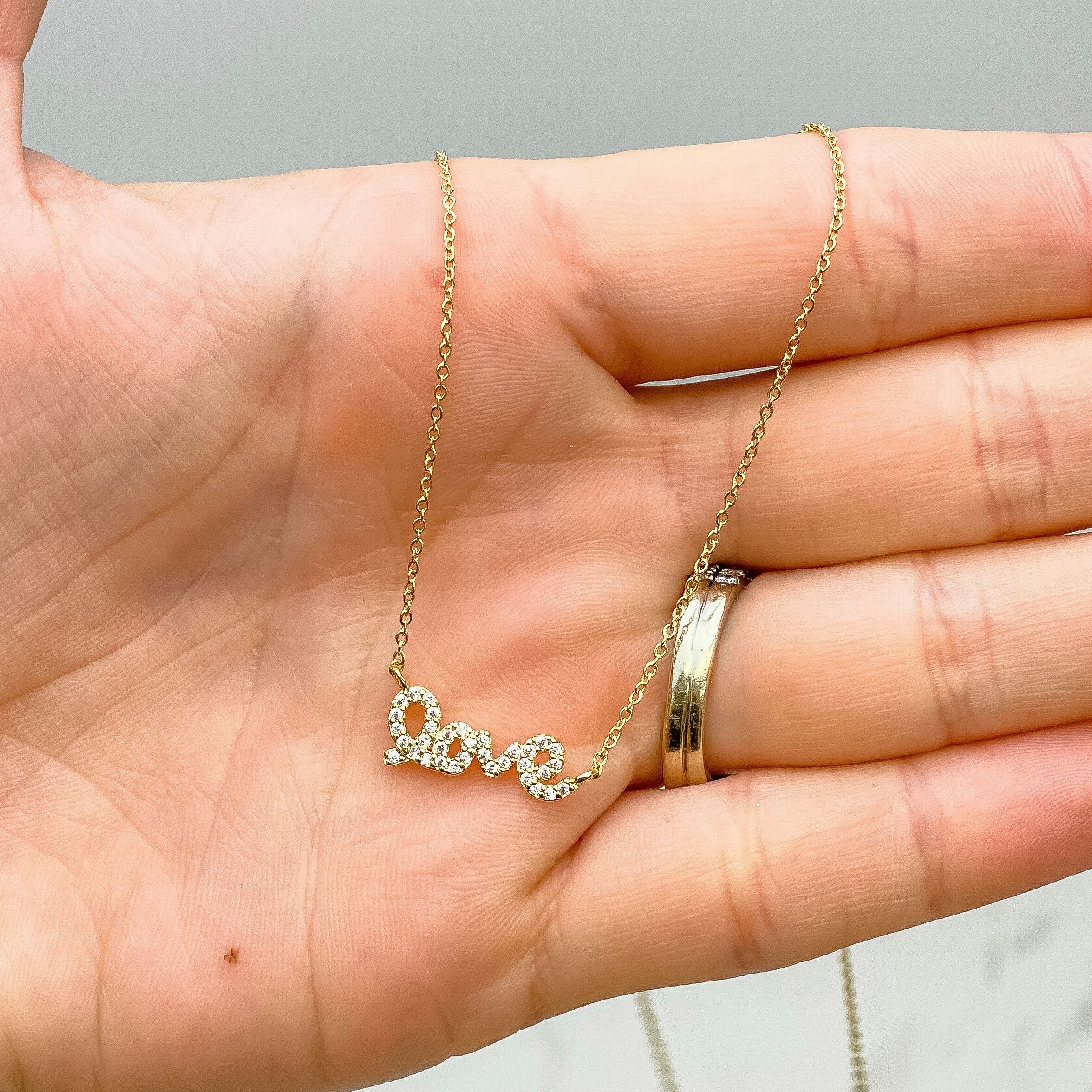 Cubic Zirconia 'Love' Pendant Necklace - Gold