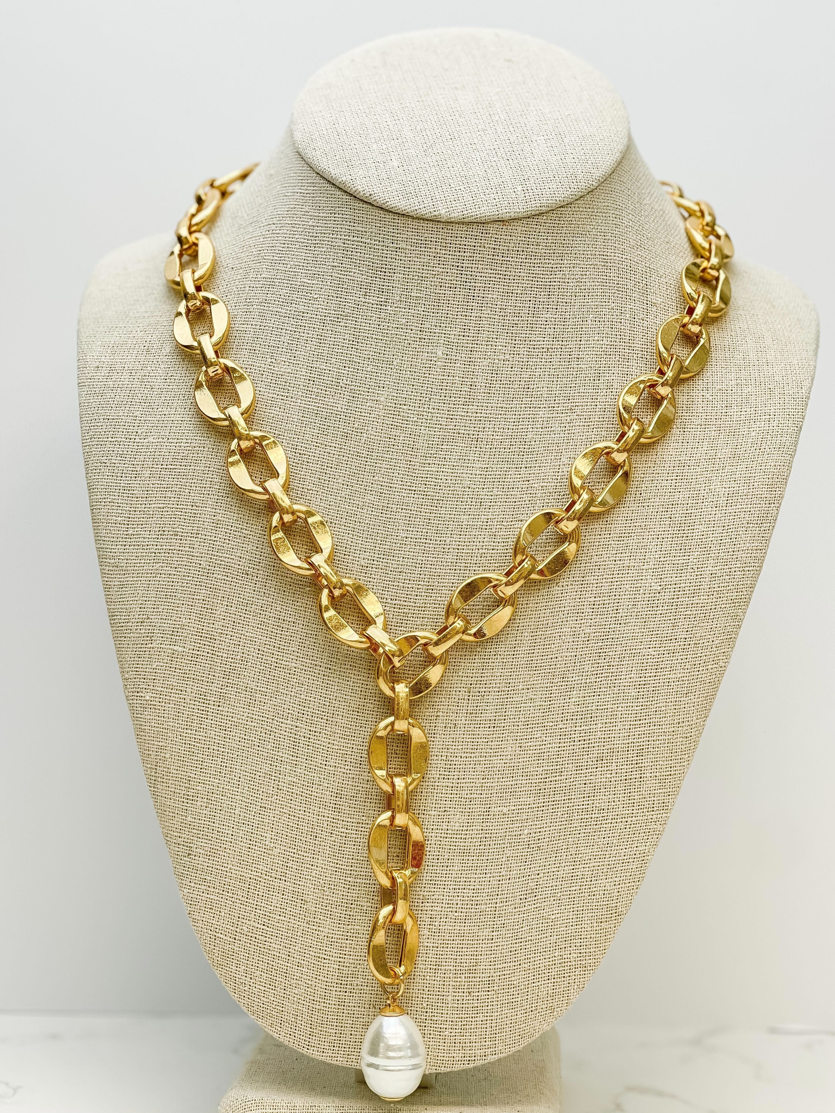 Freshwater Pearl Bold Link Necklace - Gold
