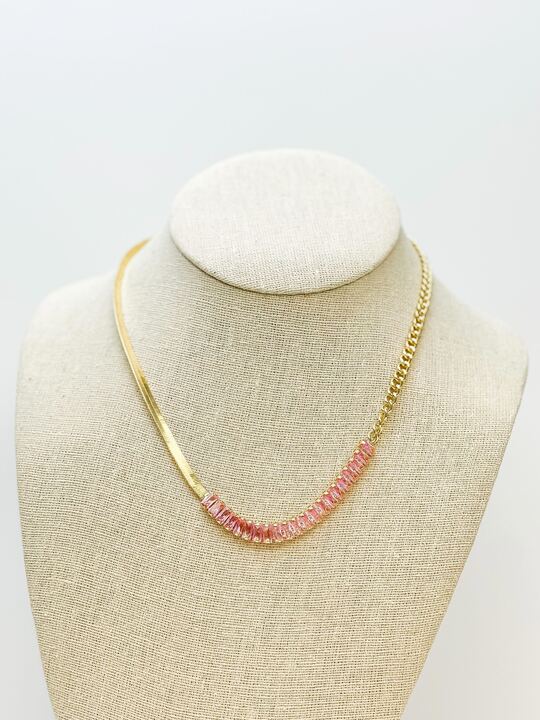 Geometric Pink Stone Chain Necklace