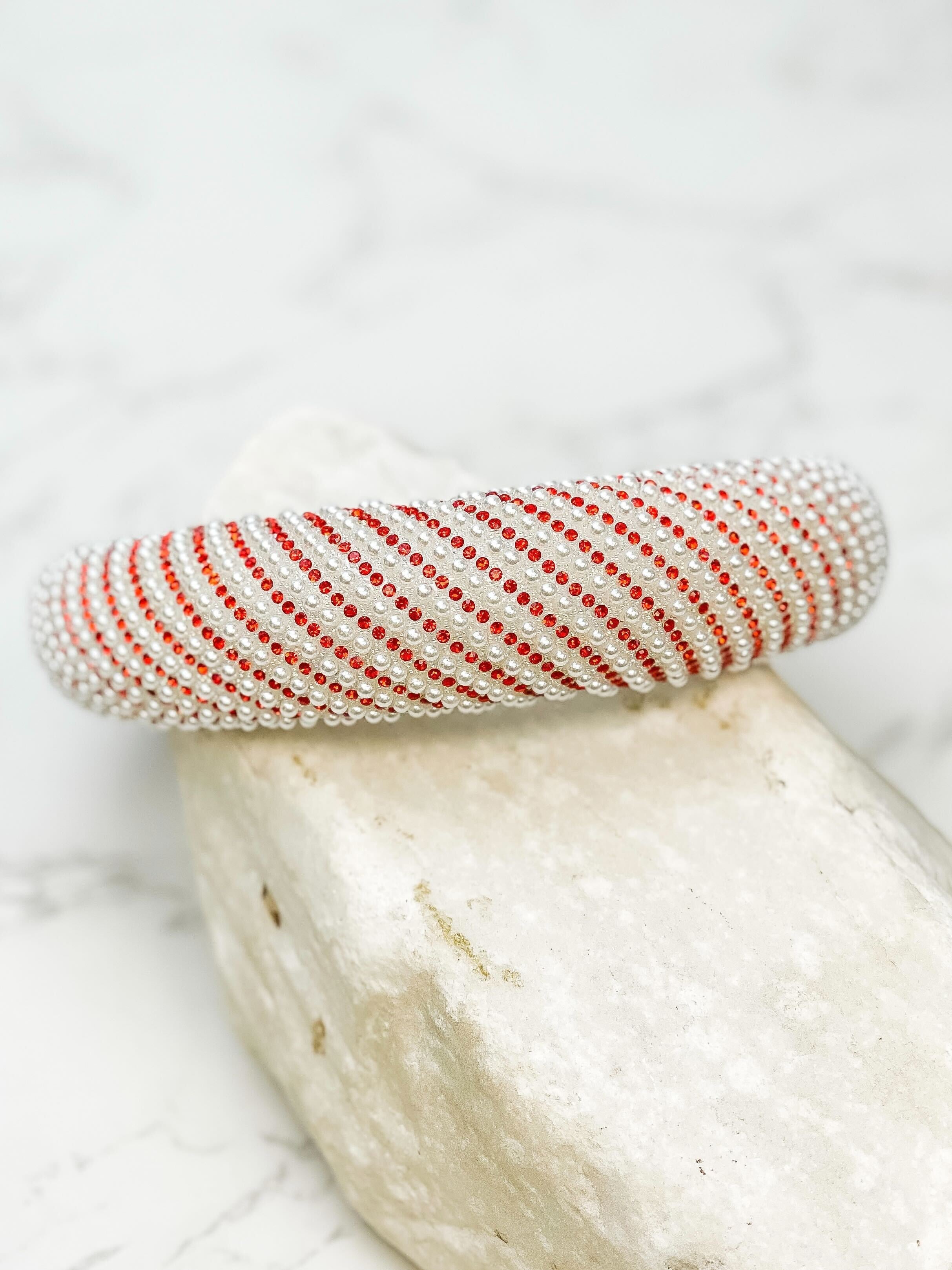 Pearl & Rhinestone Striped Padded Headband - Red